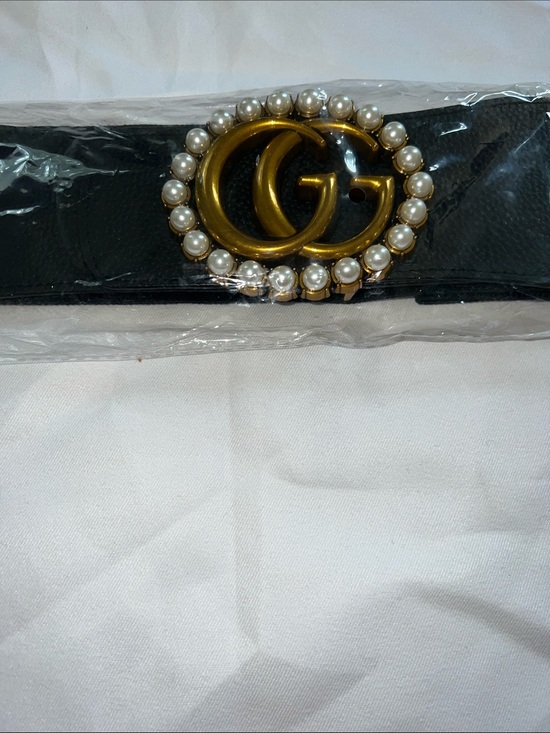None Accessories - Pearl-Trim Black Leather Belt with Gold Double G-Inspired Buckle